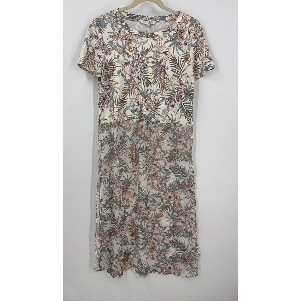 Sweet Rain floral Cream/ Brown sheer high split side Midi top/Dress M